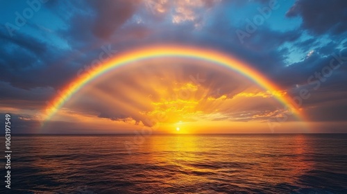 Rainbow arching across a dramatic sunset with golden clouds and soft twilight hues in the background