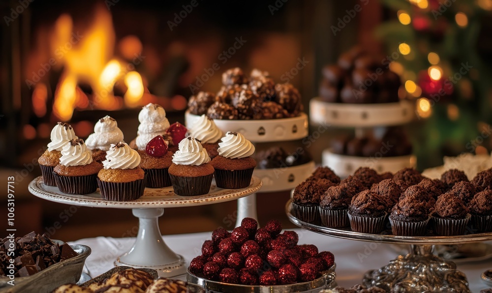 Festive desserts on a table by the fireplace. Festive desserts on a table by the fireplace.