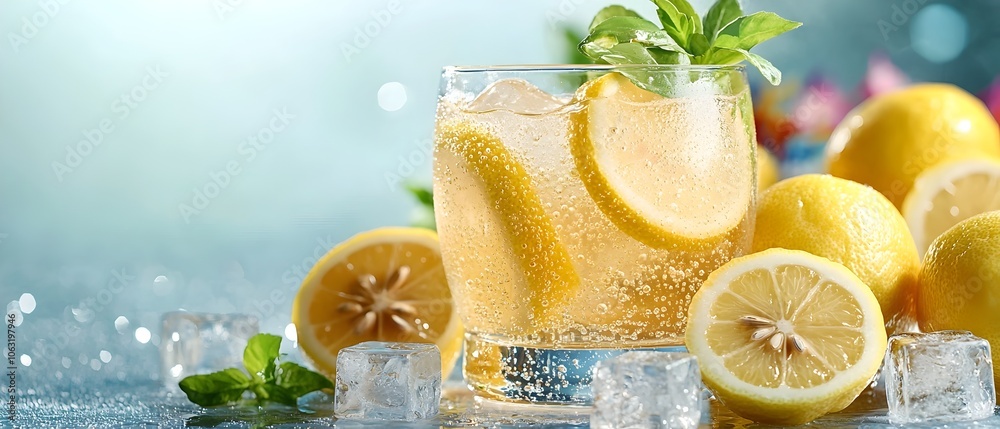 Refreshing lemonade with crisp lemon slices ice cubes and a vibrant ...