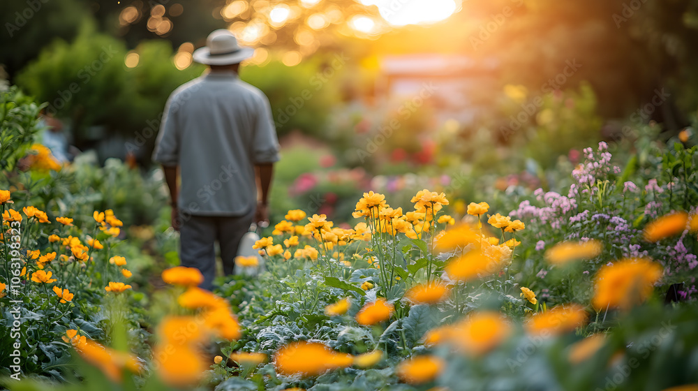 A serene photography of a beautiful garden in full bloom, featuring vibrant flowers, neatly arranged vegetable patches, and a gardener carefully watering the plants under the soft afternoon sun. A serene photography of a beautiful garden in full bloom, featuring vibrant flowers, neatly arranged vegetable patches, and a gardener carefully watering the plants under the soft afternoon sun.