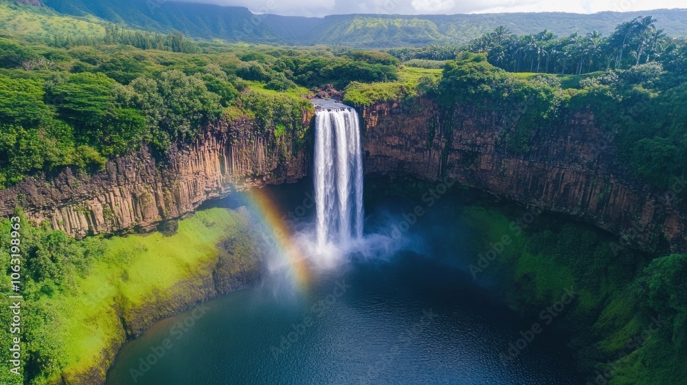 Fototapeta premium Soft rainbow appearing in the mist of a tall waterfall surrounded by rocky cliffs and greenery
