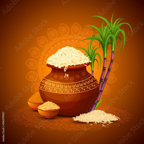 A traditional setup for the Pongal festival featuring a clay pot filled with rice, sugarcane stalks, and festive decorations. This image symbolizes the gratitude and prosperity celebrated during Ponga photo