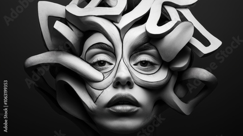 Monochrome surreal portrait of a woman with intricate sculptural headdress composed of abstract geometric shapes covering face and head