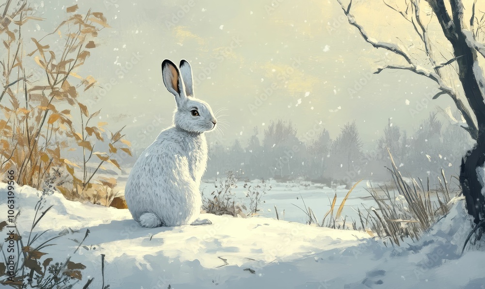 White rabbit sits in snowy winter scene. White rabbit sits in snowy winter scene.