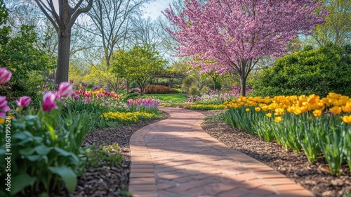 Spring flowers blooming along a garden pathway, with flowering trees and bright green shrubs on either side