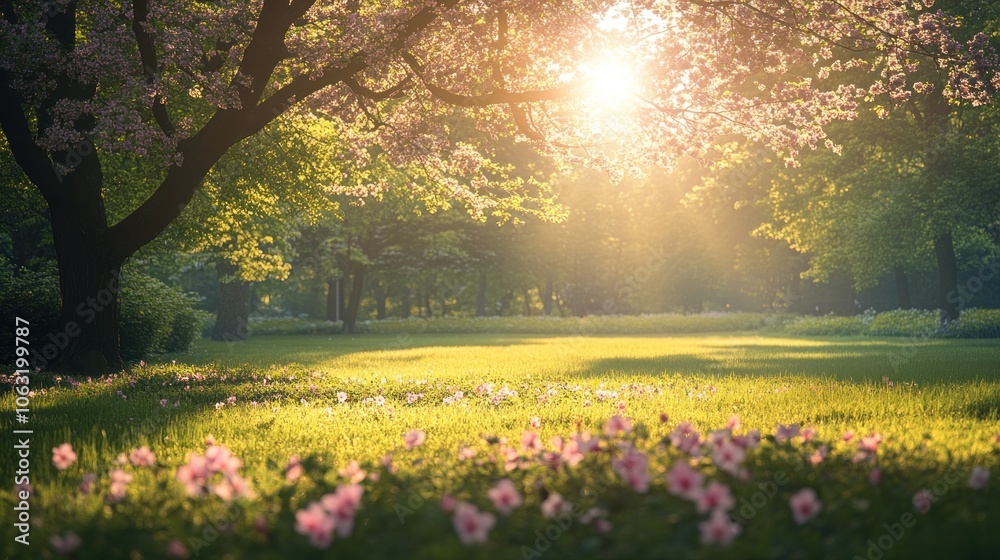 Obraz premium Spring sunlight casting long shadows over a peaceful park filled with blooming flowers and budding trees