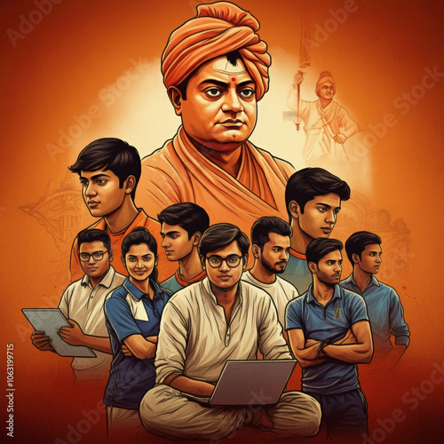 Portrait of Swami Vivekananda with young followers, symbolizing inspiration and motivation for the youth on National Youth Day