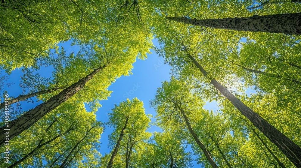 Springtime forest with tall trees, their branches filled with bright green leaves under a clear blue sky Springtime forest with tall trees, their branches filled with bright green leaves under a clear blue sky