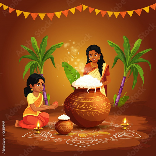 Family gathered to celebrate Pongal with traditional rituals, representing Indian culture and family unity photo