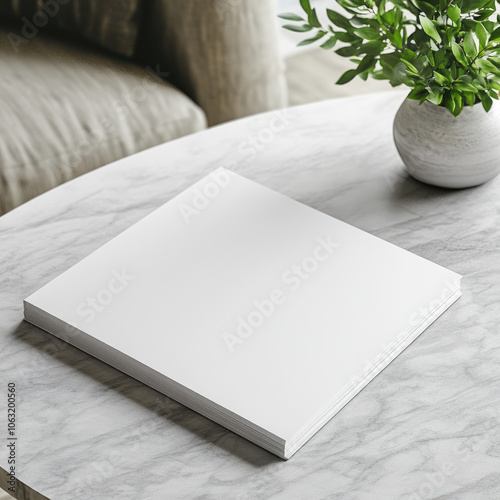  A magazine mockup featuring blank white sheets displayed on a minimalist coffee table. The high detail and muted tones create a casual and stylish vibe, perfect for modern design presentations.
