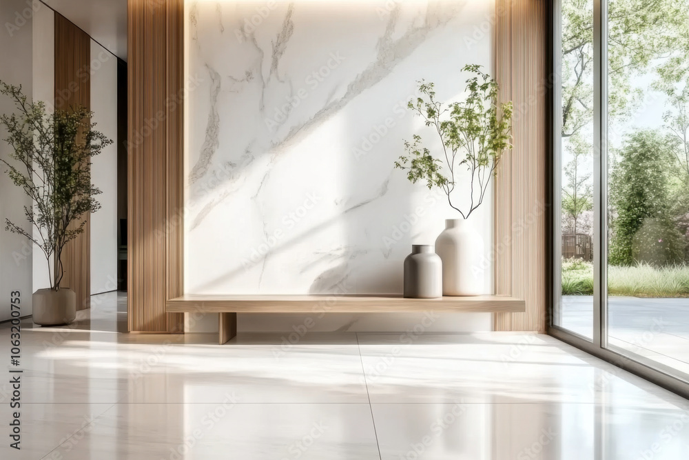 Wooden bench near marble stone wall and wood Minimalist home interior design of modern entrance hall with big window Wooden bench near marble stone wall and wood Minimalist home interior design of modern entrance hall with big window