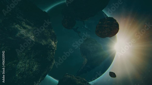 Beautiful flying through the asteroid belt in outer space.