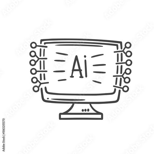 Computer with AI text and circuit connection line icon. Outline hand drawn chat bot on PC screen, virtual assistant and content generator. Artificial intelligence mascot, AI icon vector illustration
