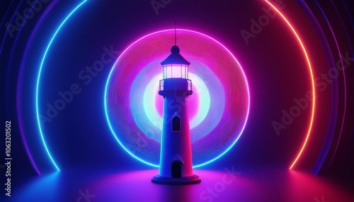 Glowing Futuristic Lighthouse Surrounded by Neon Energy Rings Representing Direction Safety Innovation and Vision in the Dark