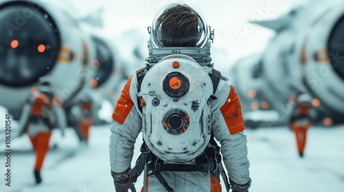 A group of astronauts in orange suits prepare for their space mission among sleek, futuristic spaceships against a snowy landscape, symbolizing exploration and unity. photo