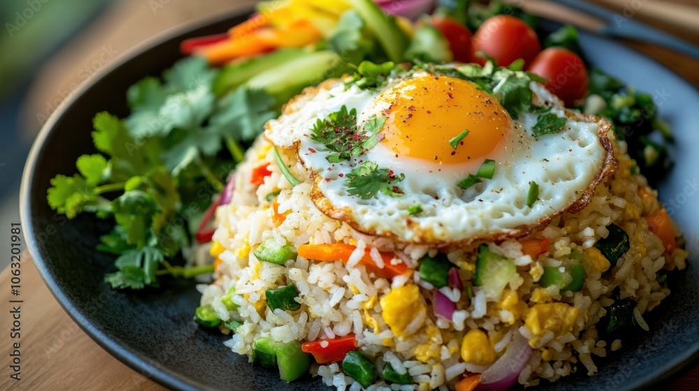 A beautifully arranged plate of Southern Thai-style fried rice,