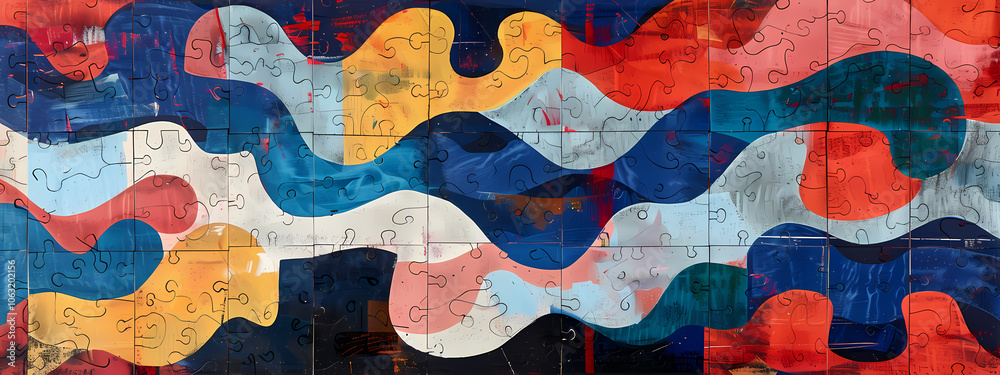 An abstract art piece featuring vibrant waves in blue, red, yellow, and white colors, creating a sense of movement and fluidity. An abstract art piece featuring vibrant waves in blue, red, yellow, and white colors, creating a sense of movement and fluidity.