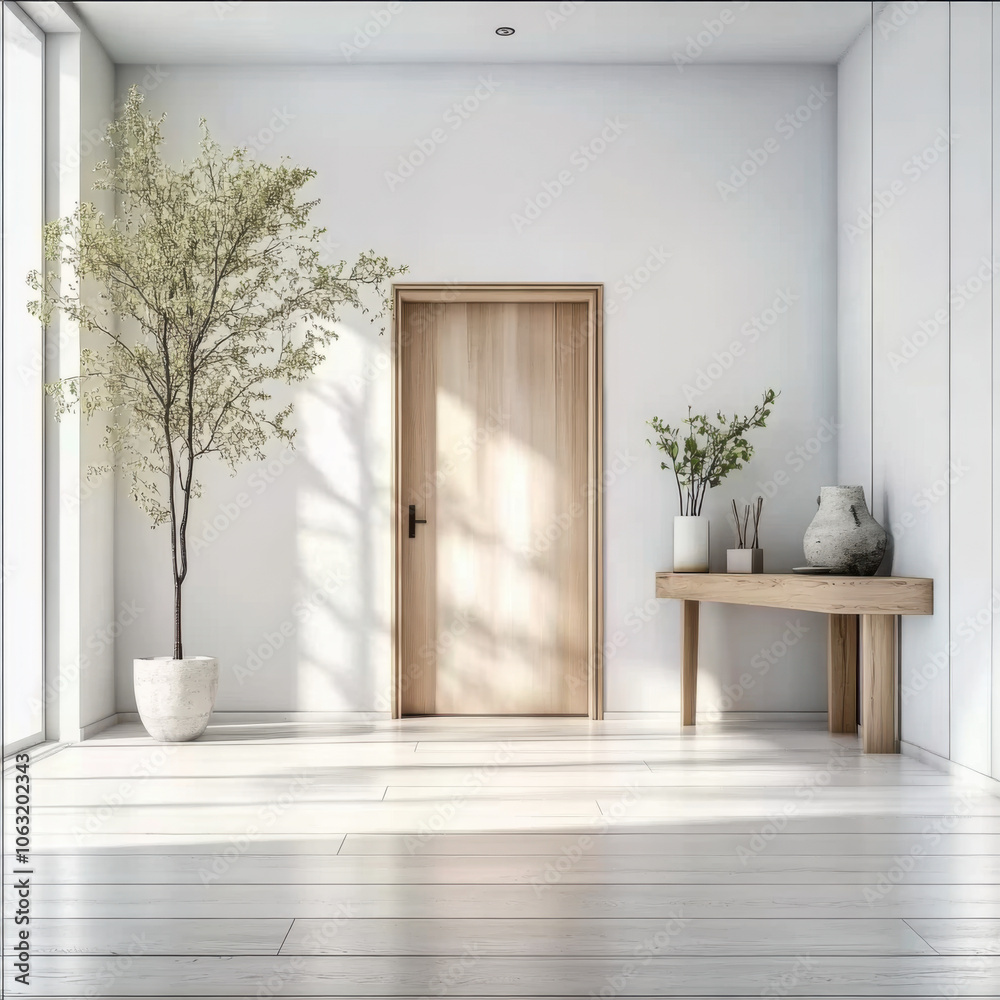 Bright interior design of modern entrance hall with door and wooden console table Bright interior design of modern entrance hall with door and wooden console table