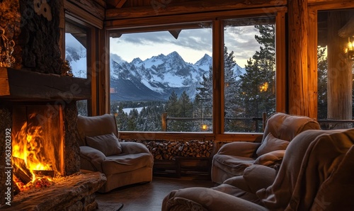 Cozy cabin with fireplace and mountain view.