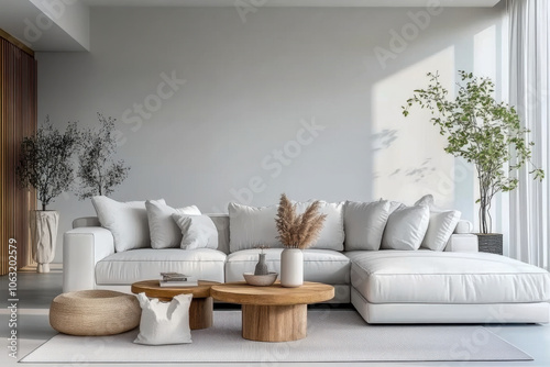 modern living room Style Studio apartment with white corner sofa Scandinavian home interior design