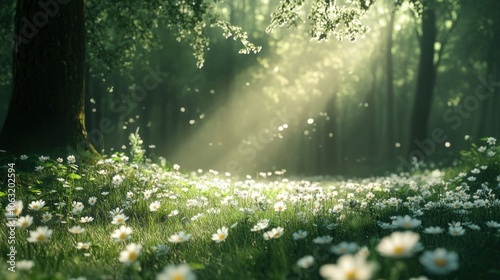 Sunlight shining through the branches of a spring forest, casting dappled light on the fresh green grass and flowers below