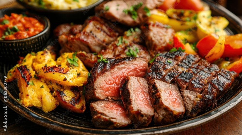 A beautifully presented plate of churrasco, with slices of juicy, A beautifully presented plate of churrasco, with slices of juicy,