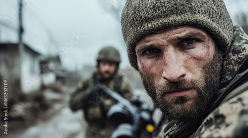 A close-up image of a soldier with intense and focused expression, dressed in military gear under harsh outdoor conditions, reflecting determination and resilience.