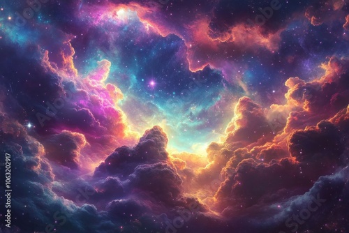 Celestial cloud patterns with hints of starlight peeking through, creating a cosmic feel in the sky