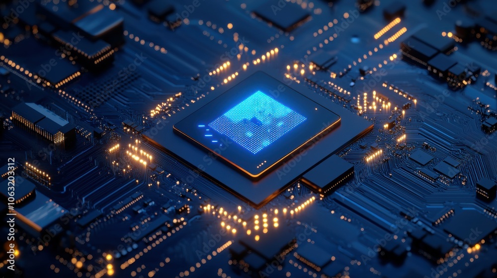 Abstract CPU processor or semiconductor with Power icon with glowing pixels on technology circuit board. AI chip on a motherboard. Technology background. Tech bg in blue. Abstract CPU processor or semiconductor with Power icon with glowing pixels on technology circuit board. AI chip on a motherboard. Technology background. Tech bg in blue.