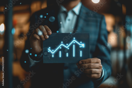 Interest rates and dividends, businessman holding arrow and percentage icon with investment graph.