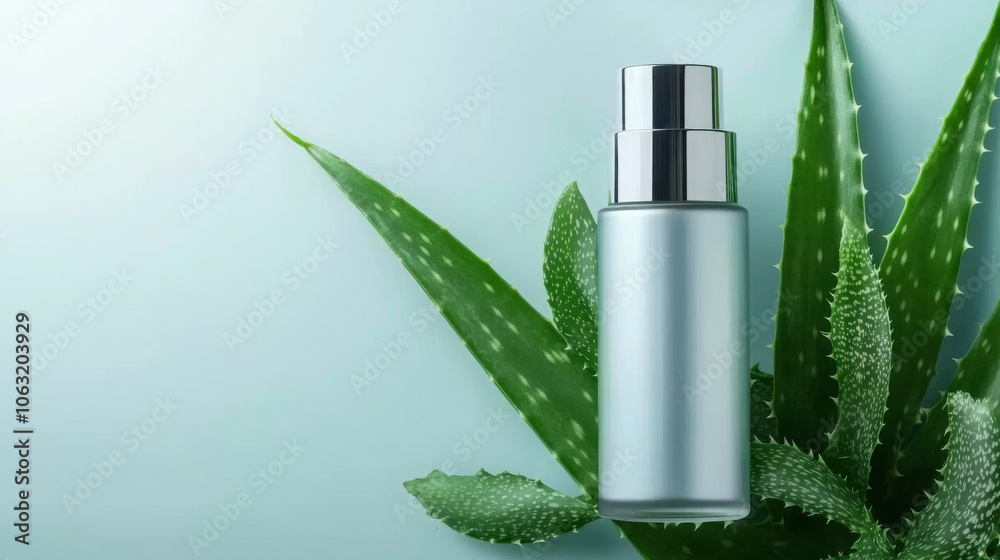 top view A sleek cosmetic bottle placed on fresh aloe vera leaves top view A sleek cosmetic bottle placed on fresh aloe vera leaves