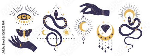 Mystic logo. Eye, female hand hold sun and snake icon, boho tarot moon in esoteric lines. Spiritual woman occult mystery symbols collection. Vector simple art bohemian style isolated elements