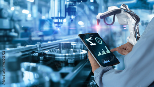 Smart industry automation manufacturing control concept.Hands holding tablet on blurred automation machine as background..