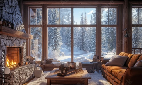 Cozy cabin with fireplace, snowy view.