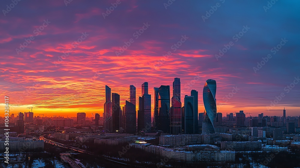 Aerial view of a city skyline at dusk with vibrant pink and orange sky. Aerial view of a city skyline at dusk with vibrant pink and orange sky.