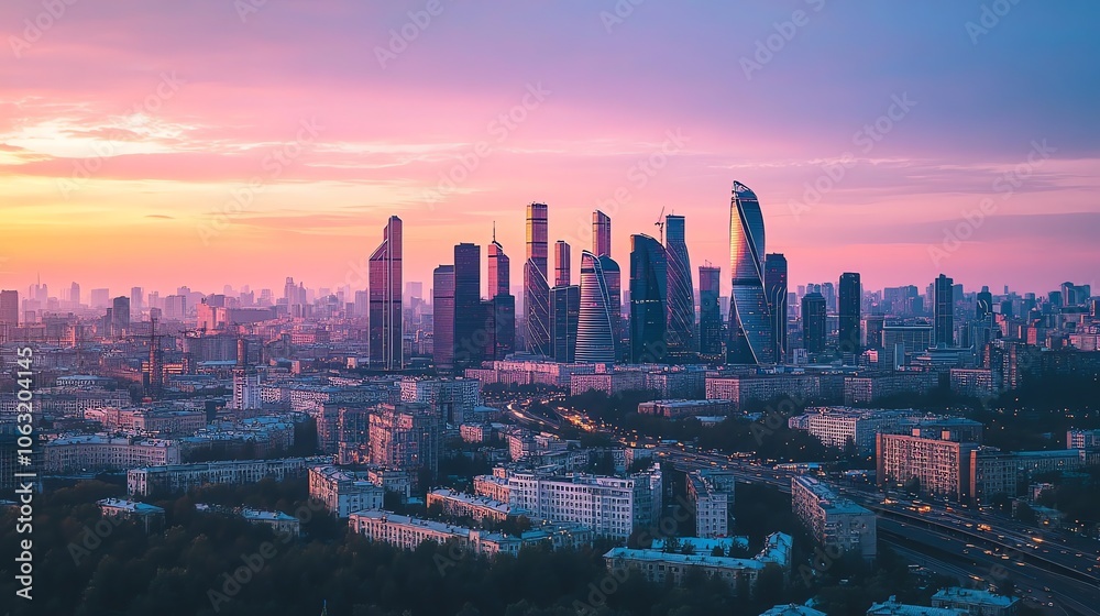 Obraz premium Aerial view of a city skyline at dusk with vibrant pink and orange sky.