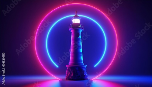 Futuristic Glowing Lighthouse with Neon Light Rings in Abstract Cyberpunk Digital Background with Blue and Pink Vibrant Illumination