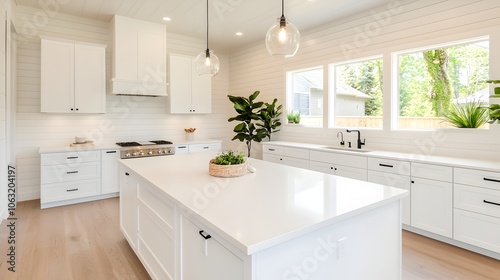 Spacious and Bright Modern Kitchen with Large Island Hanging Pendant Lights and High End Appliances Creating a Stylish and Functional Cooking and Dining Space