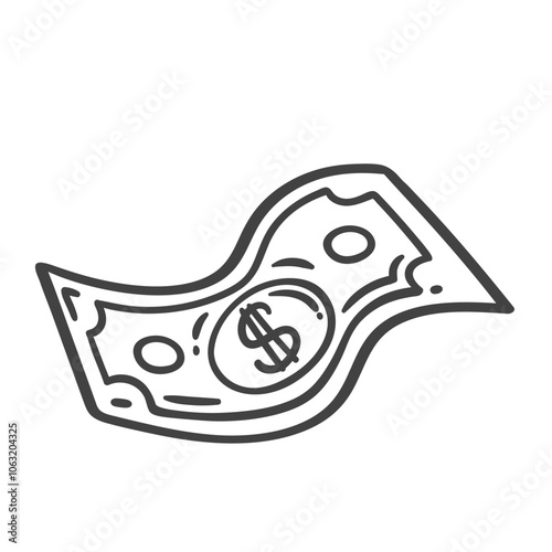Flying dollar bill of cash money rain line icon. Outline hand drawn paper banknote falling, American currency with dollar symbol. Investment, success mascot, USA money icon vector illustration