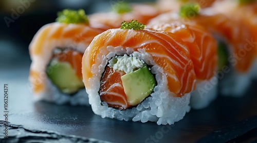 Fototapeta Naklejka Na Ścianę i Meble -  Close-up of delicious-looking sushi rolls, Tasty food close up shot