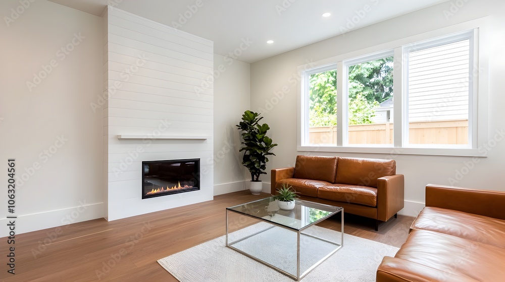 Sophisticated and Cozy Living Room with Leather Seating Glass Coffee Table and a Warm Fireplace Creating a Inviting Atmosphere Sophisticated and Cozy Living Room with Leather Seating Glass Coffee Table and a Warm Fireplace Creating a Inviting Atmosphere