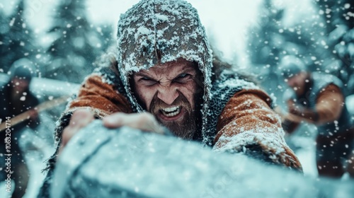 An intense Viking warrior in snow-covered gear grips his weapon with fierce resolve as snow swirls around, showcasing the epic struggle of ancient battles. photo