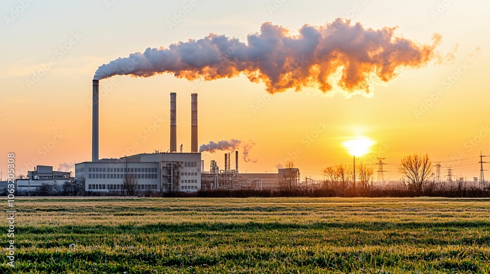 A factory silhouetted against a sunset, emitting smoke from tall chimneys, with a grassy foreground, illustrating industrial scenery. A factory silhouetted against a sunset, emitting smoke from tall chimneys, with a grassy foreground, illustrating industrial scenery.