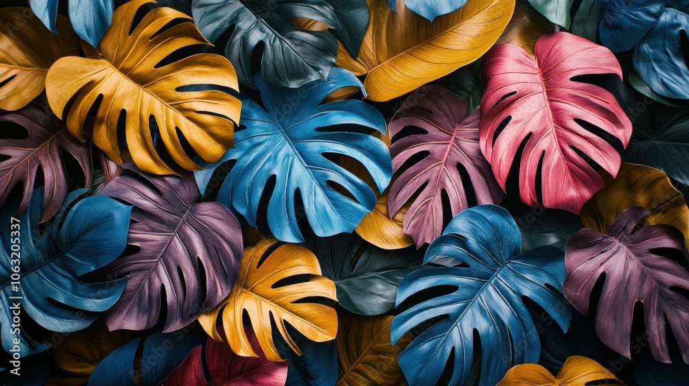 Tropical leaves in bright colors, emphasizing the details of the leaf surface realistically, giving a feeling like being in the middle of nature Tropical leaves in bright colors, emphasizing the details of the leaf surface realistically, giving a feeling like being in the middle of nature