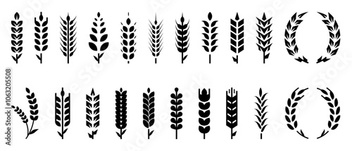 Wheat logo. Barley spike. Corn icon. Grain spikelet. Sheaf bread. Field with straw or branch. Rye beer. Cereal crop. Black silhouette seeds. Vector agriculture harvest isolated symbols set