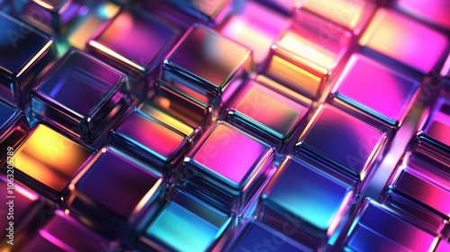 Abstract 3d background wallpaper with glass squares with colorful light emitter iridescent neon holographic gradient. Design visual element for banner header poster or cover.