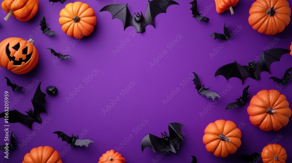 Carved pumpkins and bats on a vibrant purple backdrop for Halloween fun! Carved pumpkins and bats on a vibrant purple backdrop for Halloween fun!