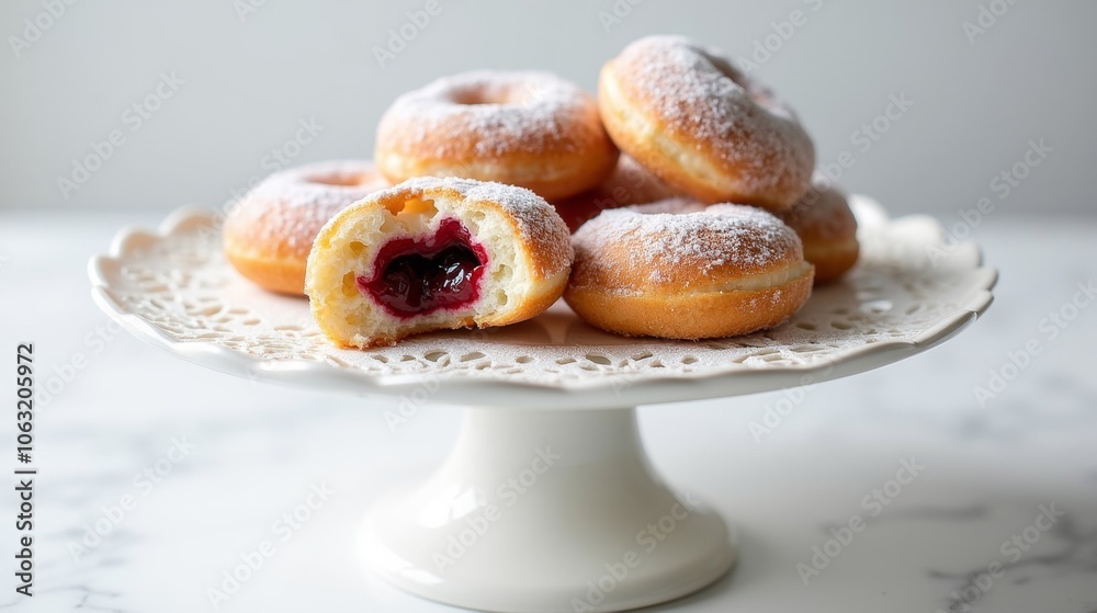 A plate of golden donuts dusted with powdered sugar, one revealing a rich, fruity jam filling. A plate of golden donuts dusted with powdered sugar, one revealing a rich, fruity jam filling.