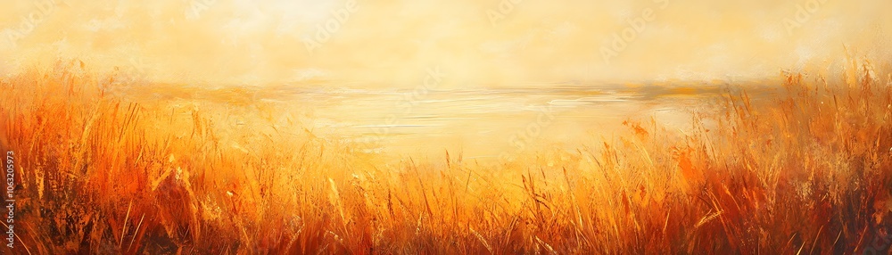 Fototapeta premium Abstract Landscape Painting with Golden Grass and Water
