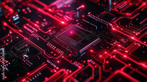 Abstract AI circuit board background. Technology connected red lines with electronics elements on tech bg. Computer motherboard with a chip, processor, and semiconductor.